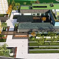 Modern Feature Wall in Landscape Design with Green Roofs Trees and Walkways