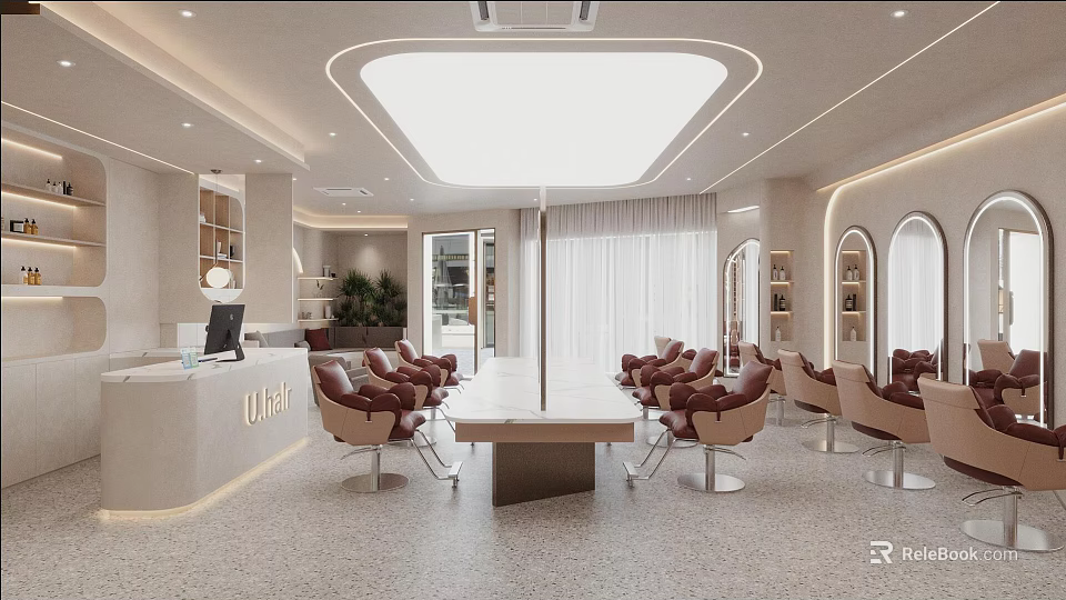 Modern Beauty and Hair Salon Interior With Styling Chairs Workstations and Elegant Decor 3d model 