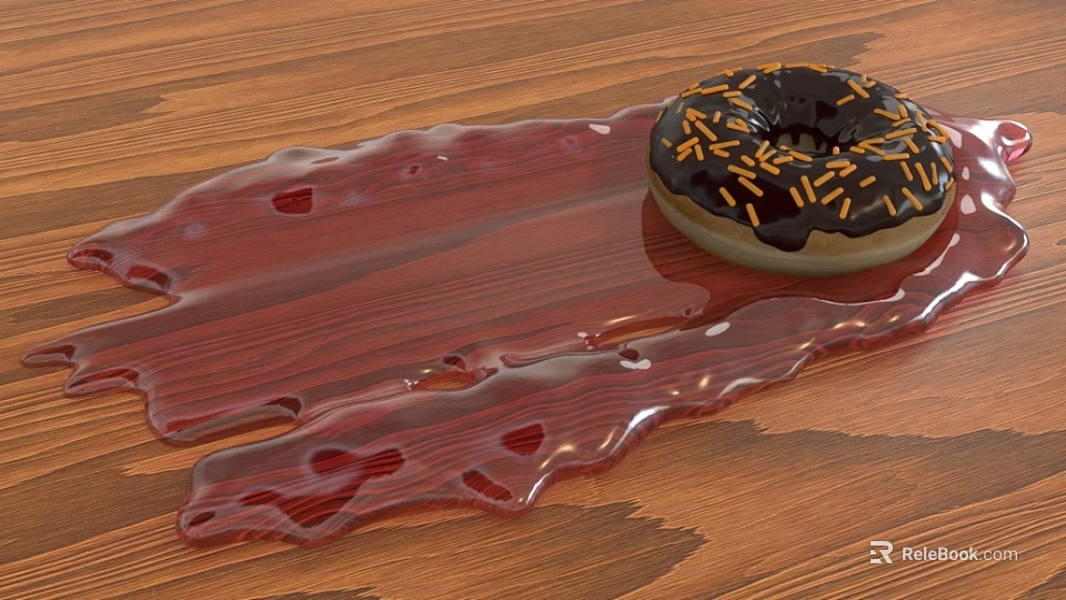 Chocolate Donut With Chocolate Frosting And Colorful Sprinkles Near Melted Red Liquid On Wooden Tabletop 3d model 