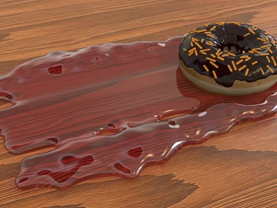 Chocolate Donut With Chocolate Frosting And Colorful Sprinkles Near Melted Red Liquid On Wooden Tabletop 3d model