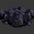 Futuristic Armored Character With Metallic Helmet And Weapon Standing In Dark Background