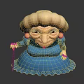 Game And Movie Elderly Woman Animated Character With Blonde Curly Hair Blue Dress And Cane