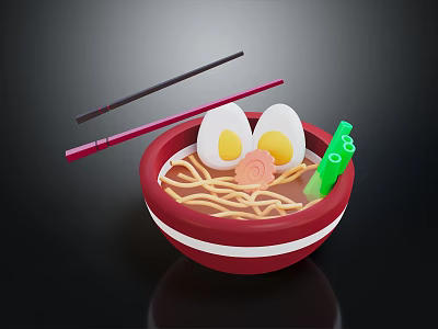 Delicious Ramen Bowl With Soft Boiled Eggs Noodles Green Vegetables And Decorative Pink Flower 3d model