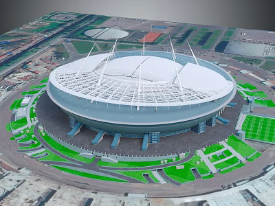 Large Circular Modern Stadium With White Roof And Green Surrounding Lawns 3d model