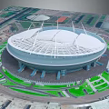 Large Circular Modern Stadium With White Roof And Green Surrounding Lawns