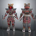 Ornate Samurai Armor With Red And Gold Decoration Front Back Views Holding Weapons