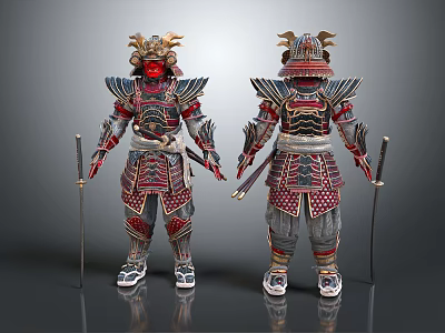 Ornate Samurai Armor With Red And Gold Decoration Front Back Views Holding Weapons 3d model