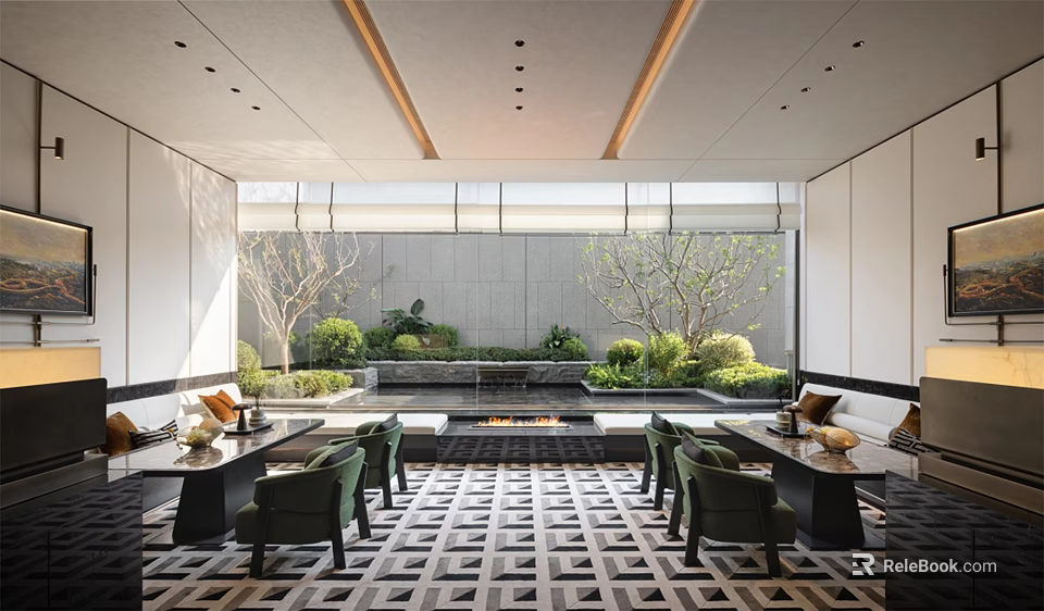 Modern Sales Office Interior With Comfortable Seating Greenery And Elegant Decorative Lighting 3d model 