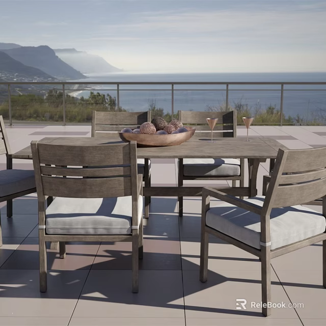 Outdoor Wooden Dining Table Set With Cushioned Chairs And Sea View Terrace 3d model 