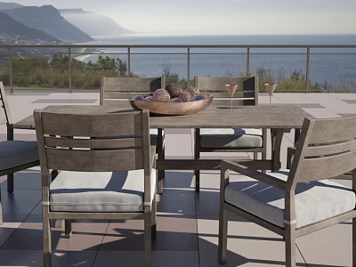 Outdoor Wooden Dining Table Set With Cushioned Chairs And Sea View Terrace 3d model