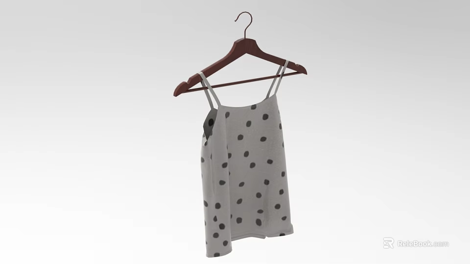 Light Gray Camisole With Black Polka Dots Hanging On Wooden Hanger 3d model 