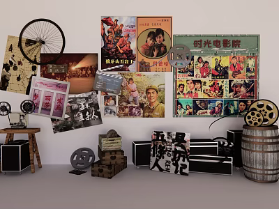 Vintage Cinema Decor With Classic Movie Posters Film Reels And Projectors 3d model