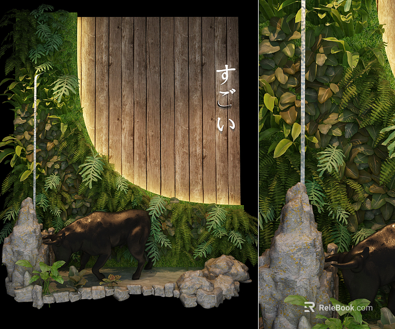 Living Plant Wall Design With Wooden Background Illuminated Lights Rocks And Ferns 3d model 