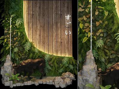Living Plant Wall Design With Wooden Background Illuminated Lights Rocks And Ferns 3d model