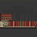 Vintage Iron Bed Frame With Red Striped Bedspread Pillow And Plaid Blanket