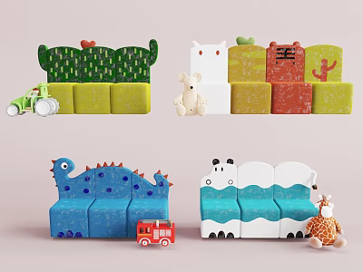 Colorful Animal Shaped Kids Chairs With Tractor Teddy Bear Fire Truck And Giraffe Toys 3d model
