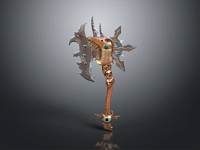 Ornate Battle Axe With Sharp Metal Blades Golden Copper Handle And Blue Gemstone Decorations 3d model