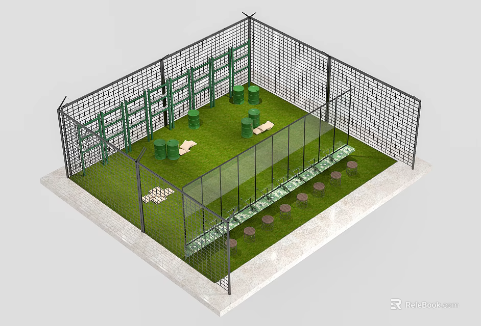 Enclosed Outdoor Space With Fence Green Lawn White Mats And Green Boxes 3d model 