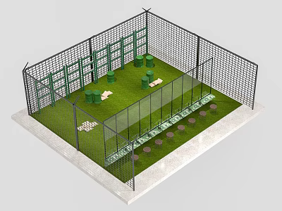 Enclosed Outdoor Space With Fence Green Lawn White Mats And Green Boxes 3d model