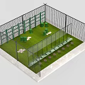 Enclosed Outdoor Space With Fence Green Lawn White Mats And Green Boxes