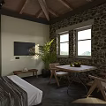 Rustic Living Space With Wooden Ceiling Beams Stone Walls Sofa Kitchen And Woven Tapestry
