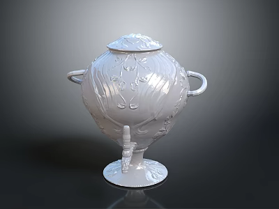 Hand Carved White Decorative Sculptured Vase With Lid Handles And Floral Patterns 3d model