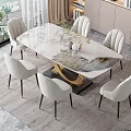 Modern Dining Table Set With Glass Top Gold Base And Light Gray Upholstered Chairs
