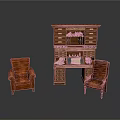 Brown Wooden Desk with Drawers and Cabinet and Two Leather Chairs in Classic Furniture Set