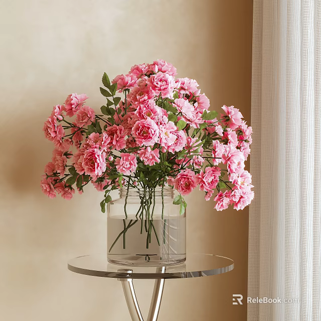 Abundant Pink Roses with Green Leaves in Transparent Glass Vase on Round Table 3d model