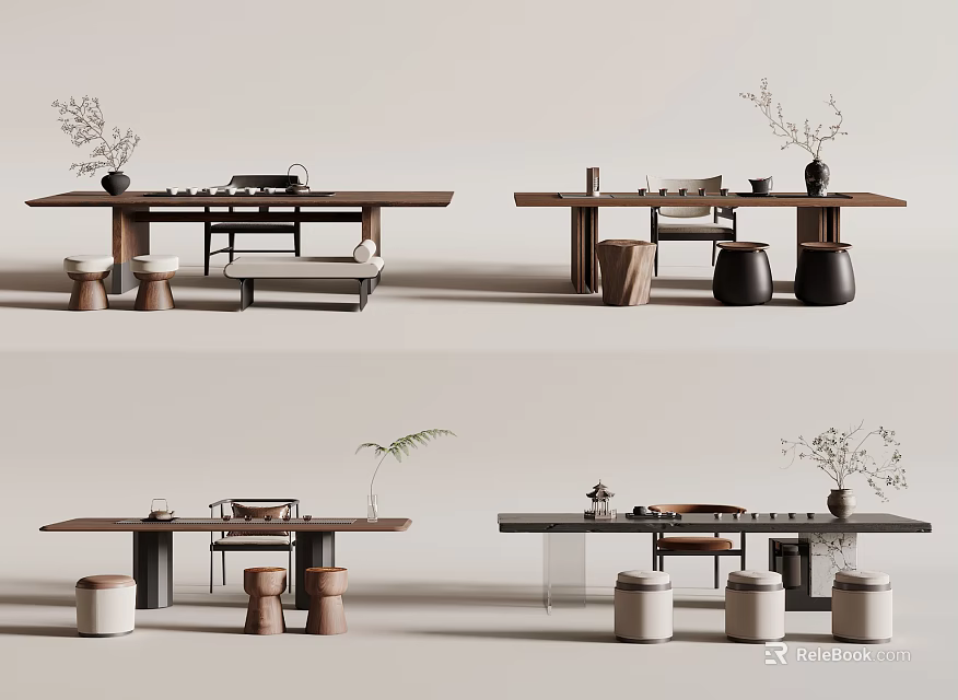 Minimalist Tea Table And Chairs Set With Stools Vases And Tea Accessories 3d model 