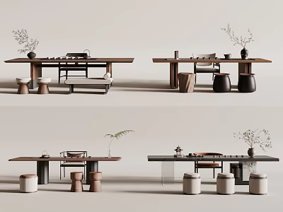 Minimalist Tea Table And Chairs Set With Stools Vases And Tea Accessories 3d model