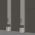 Modern Elevators In Hallway With Panel Controls Trash Bins And Vertical Striped Walls