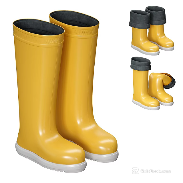 Yellow Tall Rain Boots With Black Cuffs And White Waterproof Soles 3d model 