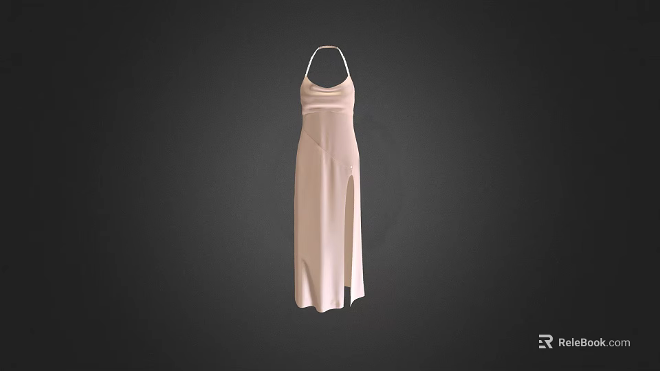 Elegant Beige Halter Neck Long Dress With Side Slit Design 3d model 