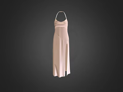 Elegant Beige Halter Neck Long Dress With Side Slit Design 3d model