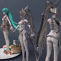 Vibrant Game Movie Characters Featuring Turquoise Long Hair Cat Ear Design and Cake Drinks