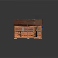 Wooden Cabin With Red Roof And Orange Wooden Porch Railing And Steps