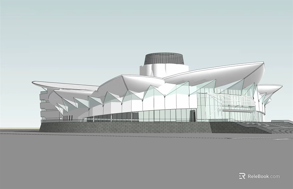 Modern Museum Building With Geometric Roof Glass Facade And Central Dome 3d model 