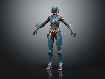 Game Movie Character In Detailed Blue Silver Armored Suit With Helmet Standing Pose 3d model