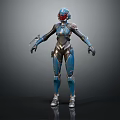 Game Movie Character In Detailed Blue Silver Armored Suit With Helmet Standing Pose