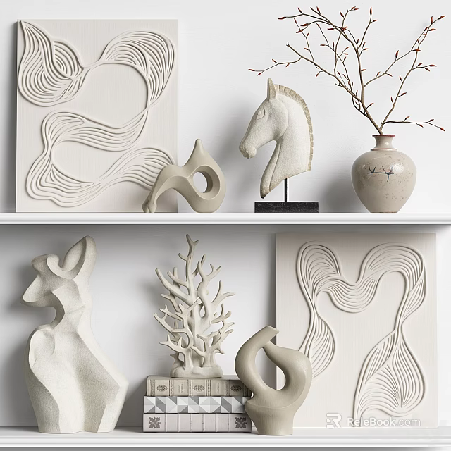 Decorative Ornament Set With Horse Deer Figurines Abstract Wave Art And Ceramic Vase 3d model 