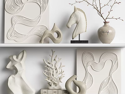 Decorative Ornament Set With Horse Deer Figurines Abstract Wave Art And Ceramic Vase 3d model