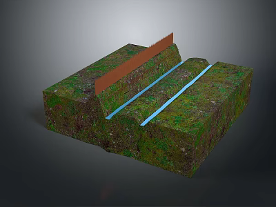 3D Rendered Terrain Featuring Green Vegetation Blue Water Channels and Orange Vertical Partition 3d model