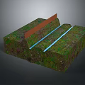 3D Rendered Terrain Featuring Green Vegetation Blue Water Channels and Orange Vertical Partition