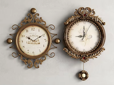 Antique Ornate Clocks With Carved Metal Frames Roman Numeral Dials And Pendulum 3d model
