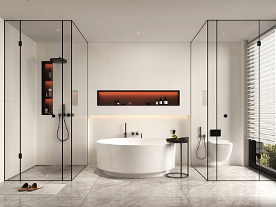 Modern Minimalist Bathroom Interior With Glass Shower Bathtub And Smart Toilet 3d model