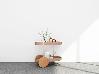 Wooden Rolling Cart Interior Decor With Green Plant Decorative Items Book And Tray 3d model