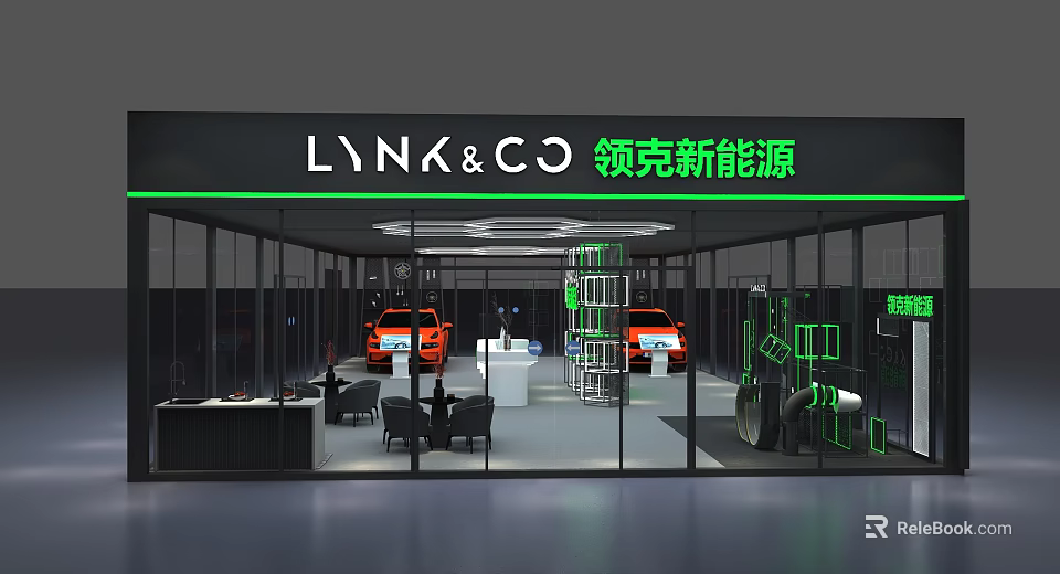 LYNK CO New Energy Vehicle Showroom Interior With Red Cars And Glass Facade 3d model 