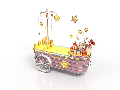 Festive Decorative Cart With Hanging Gold Stars Gift Boxes And Silver Wheels 3d model