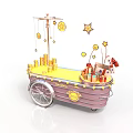 Festive Decorative Cart With Hanging Gold Stars Gift Boxes And Silver Wheels
